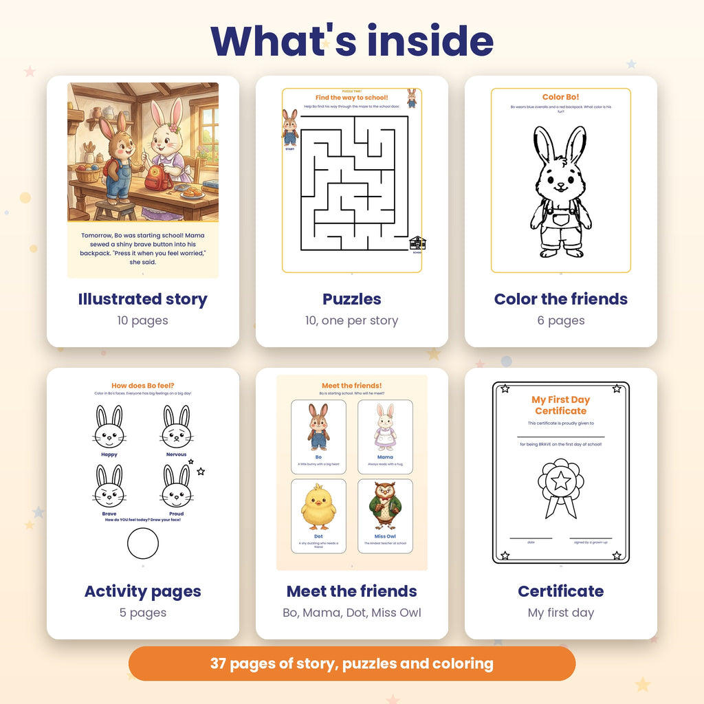Bo's Brave Button: First Day of School Story + Puzzles + Coloring Book (Printable PDF, Ages 3-6)
