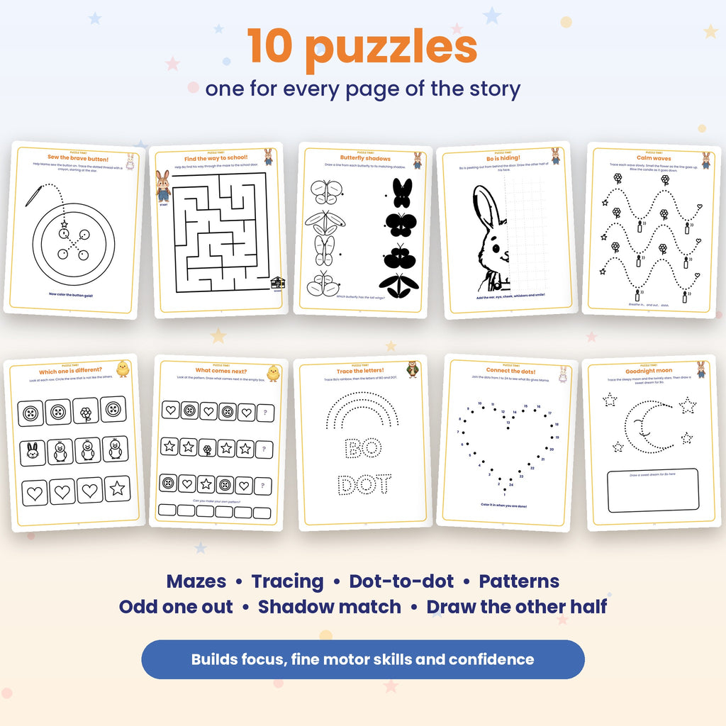 Bo's Brave Button: First Day of School Story + Puzzles + Coloring Book (Printable PDF, Ages 3-6)