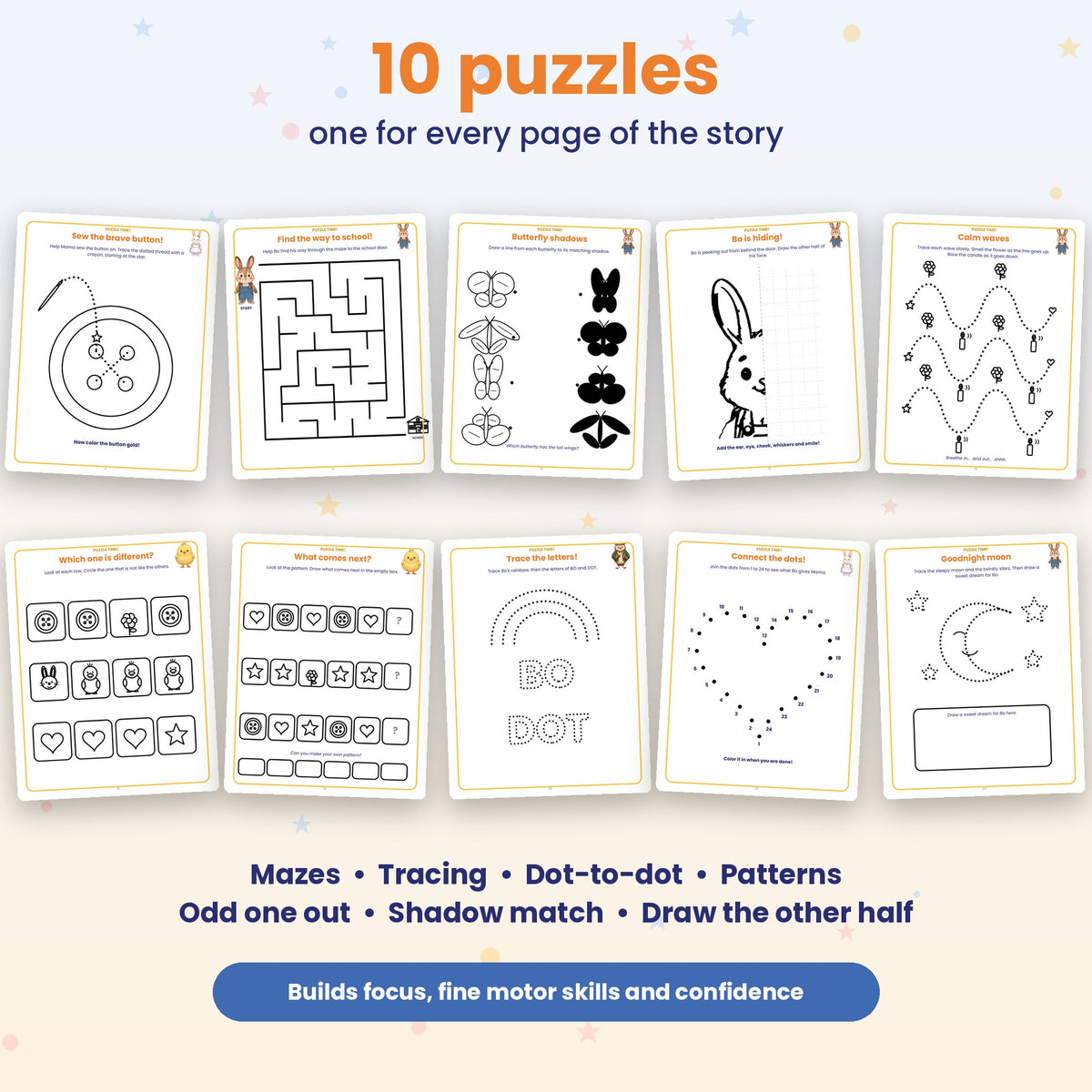 Bo's Brave Button: First Day of School Story + Puzzles + Coloring Book (Printable PDF, Ages 3-6)