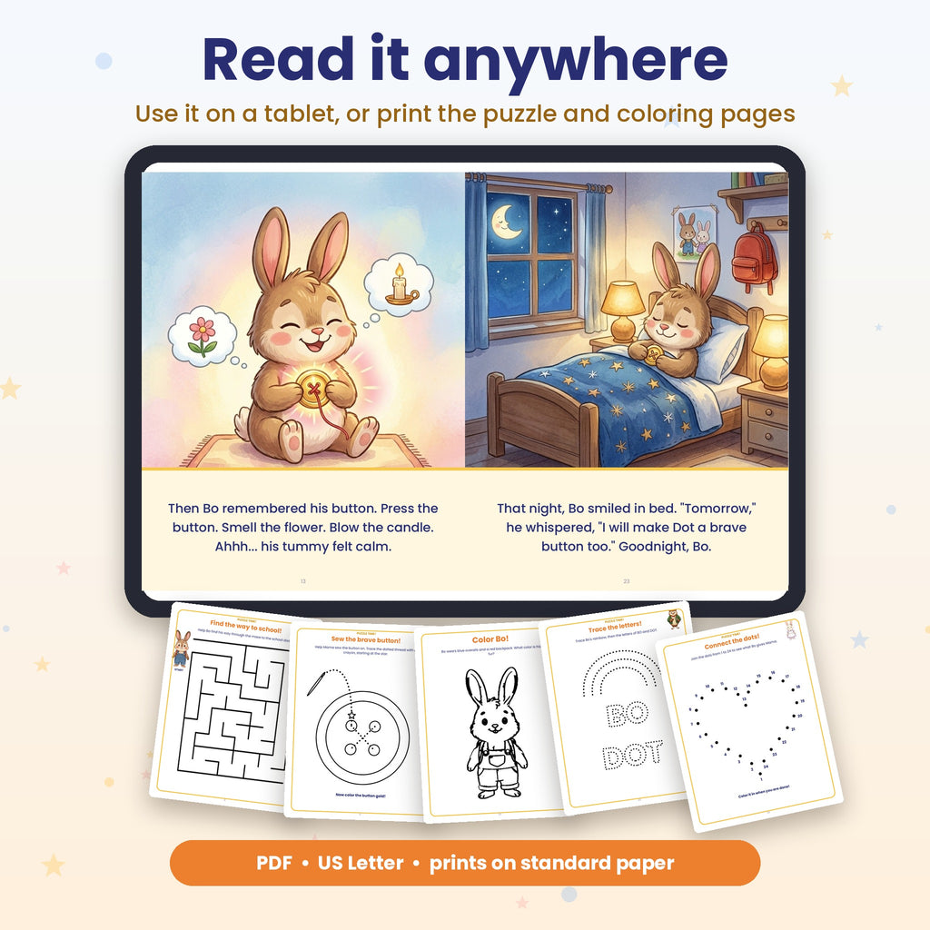Bo's Brave Button: First Day of School Story + Puzzles + Coloring Book (Printable PDF, Ages 3-6)
