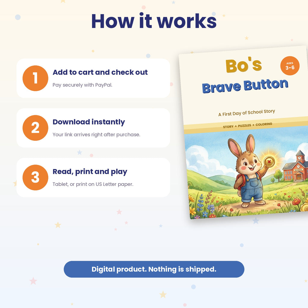 Bo's Brave Button: First Day of School Story + Puzzles + Coloring Book (Printable PDF, Ages 3-6)